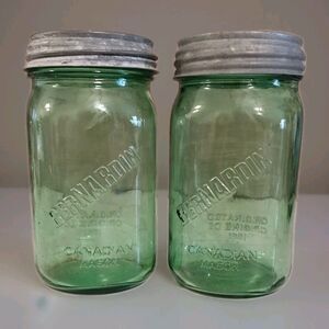 Vintage Bernardin Canadian Mason Jars Set 2 Green W/Zinc Lids Quart Farm House